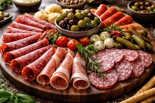 assorted cold antipasto cuts with deli meats on appetizer platter