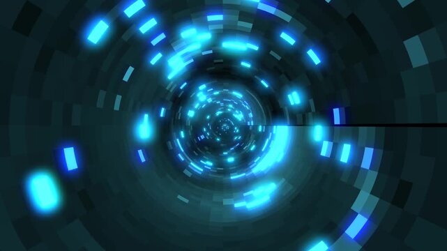 Glowing light particles flowing animation with tunnel and diminishing perspective point of view