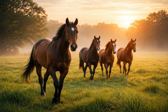 Joyful thoroughbred horses walking on green grass field at sunrise