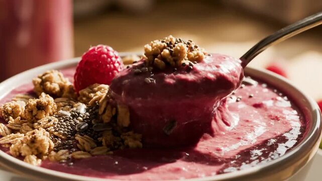 Healthy berry smoothie bowl breakfast with granola and raspberry