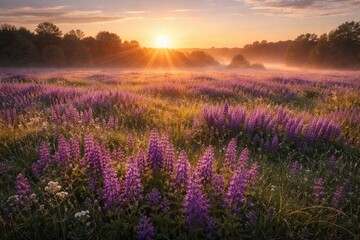 Fototapeta premium Idyllic rural sunrise over a blooming meadow filled with wild purple flowers in springtime