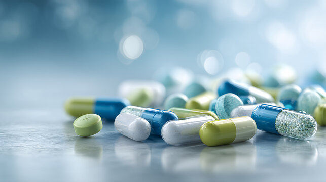 Assorted capsules and tablets in blue and green tones on reflective surface