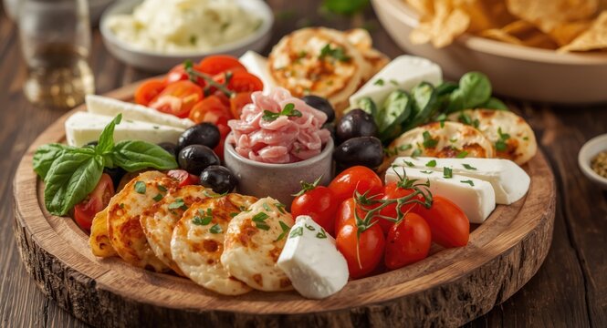 Wooden platter of vegetarian Italian appetizer with crispy frisella cherry tomatoes cheese tuna and olives arranged beautifully