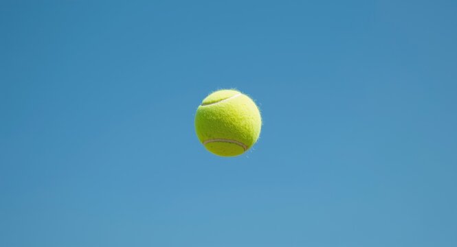 Tennis ball captured flying with clean blue sky background