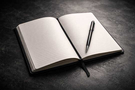Open Black Notebook With Pen On Textured Dark Surface