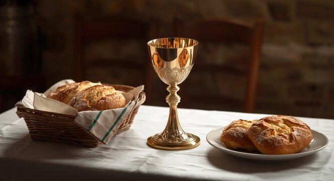 Easter Communion table display including a chalice with wine and freshly baked bread