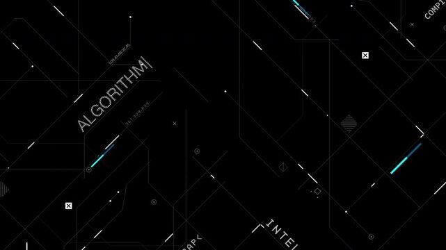 Futuristic AI and big data digital network with algorithm text, data flow lines and abstract system interface, high-tech background for technology concept