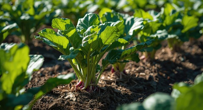 Sugar beet plants with sunlit leaves growing robustly in open agricultural soil
