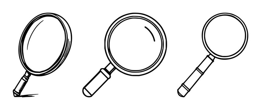 Minimalist vector icon of a vintage magnifying glass, detective investigation symbol, heavy line weight, white background. set with simple line art design featuring simple design, minimalist, black...