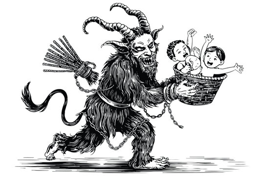 Black and white of a demonic figure with horns carrying a basket of babies devil