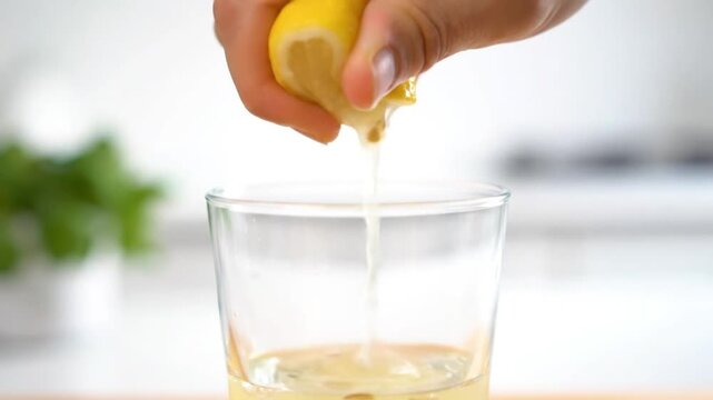 Hand Squeezing Fresh Lemon Juice Into a Glass in Kitchen