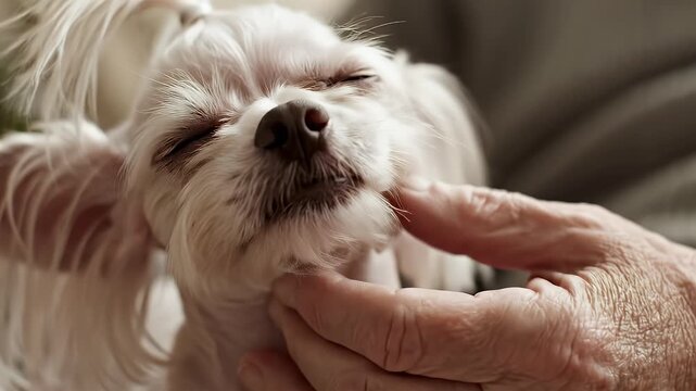 Close-up of a small, fluffy white dog with closed eyes, enjoying a gentle chin scratch from an elderly person's wrinkled hand, showing pure contentment and deep affection.