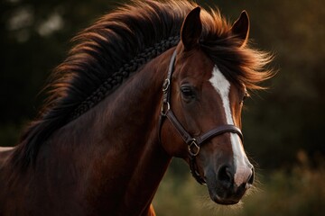 Fototapeta premium close up portrait of a brown horse with an unusual haircut