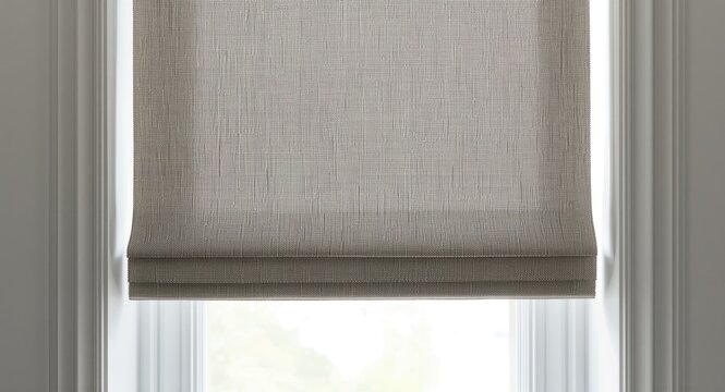 Rectangular patterned window blind with grey fabric and parallel metal pipes close up