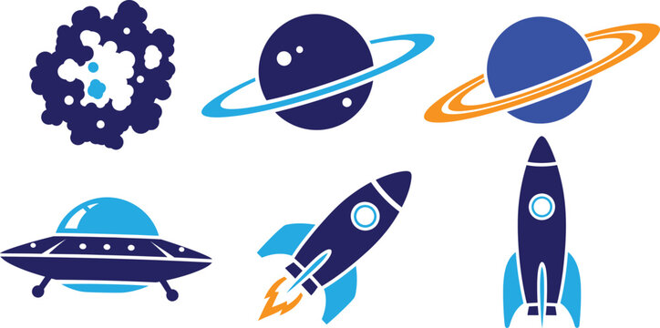 Colorful space exploration icons planets rockets and ufos in a cartoon style