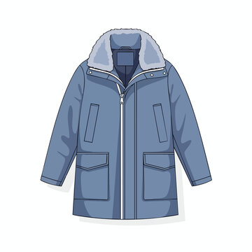 A blue parka with a fuzzy collar and front pockets, on a white background