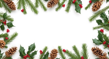 Fototapeta premium White background with pinecones and holly sprigs arranged for festive decor