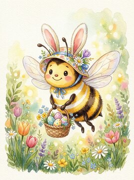 cute watercolor bee in easter costume carrying easter eggs