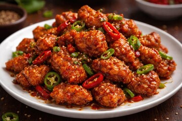 Fototapeta premium Crispy spicy chilli chicken appetizer served on a white plate with selective focus