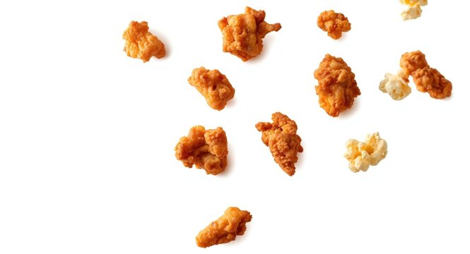 Tasty deep fried popcorn chicken pieces descending against pure white backdrop