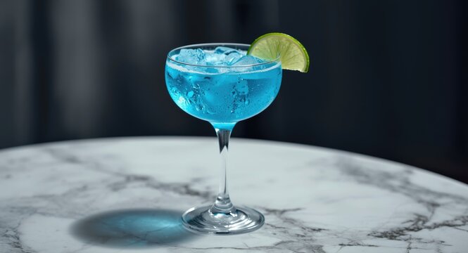 Refreshing azure cocktail with a luminous shine in stemware on a modern table