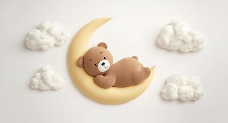 Fototapeta premium Sweet cartoon bear resting on crescent moon with soft clouds for baby shower invitation with white backdrop