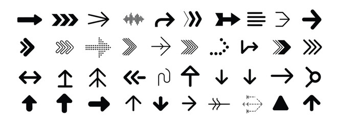 Fototapeta premium Assorted black arrow icons and symbols for direction and navigation displayed on a white background.