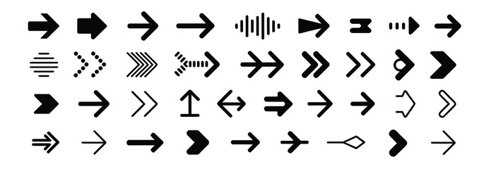 Fototapeta premium Diverse collection of black arrow icons and symbols for navigation and direction on a white background.