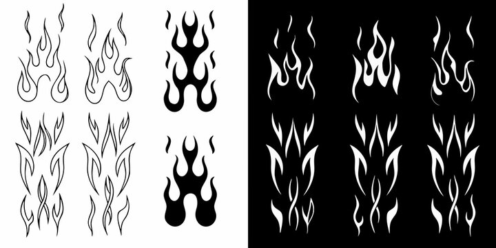 Stylized flame designs arranged in a grid contrasted black and white