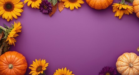 Fototapeta premium vibrant purple backdrop decorated with autumn pumpkins and bright sunflowers with copy space