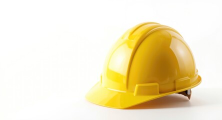 Fototapeta premium yellow hard hat set against bright white background with clear copy space
