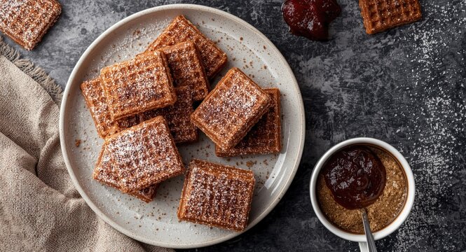 Homemade mini stroopwafels paired with strong coffee and rich jam
