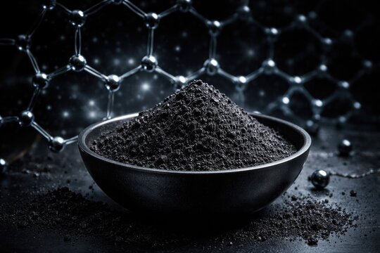 Black boron nitride powder in a bowl symbolizing advanced super lubricant and heat conductor with molecular structure backdrop
