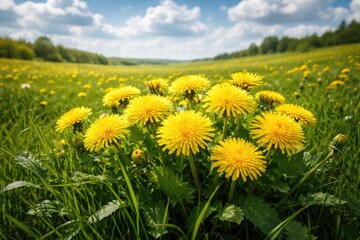 Fototapeta premium Bright yellow dandelion cluster flourishing in lush green grassy meadow under a partly cloudy sky