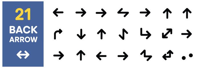 Fototapeta premium Collection of 21 black arrow icons pointing in various directions on a white background