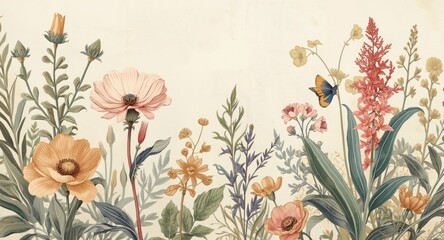 Creative hand painted flowers and plants featuring a nostalgic wallpaper layout