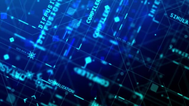 Futuristic AI and big data digital network with algorithm text, data flow lines and abstract system interface, high-tech background for technology concept