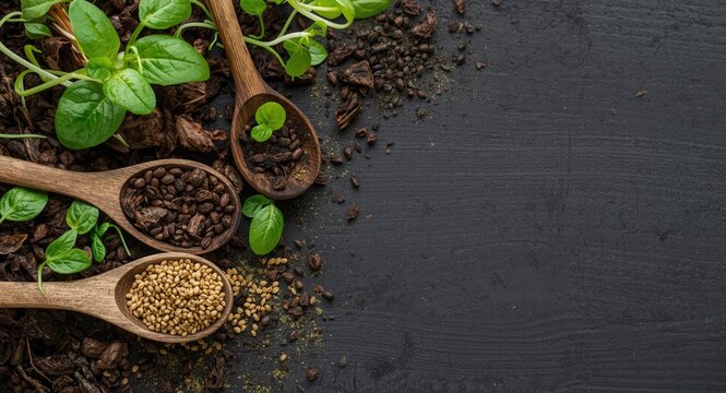 Vegan plant growth concept featuring microgreen seeds in wooden spoons with copy space