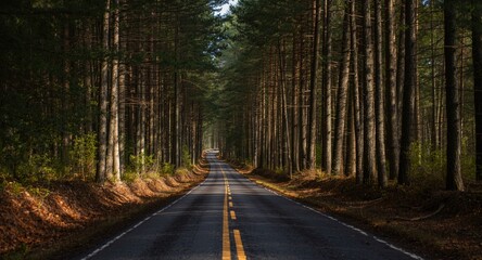 Fototapeta premium Woodland road framed by tall trees and gentle forest shadows