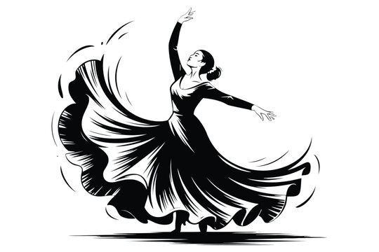 Black and white of a woman dancing in a flowing dress movement