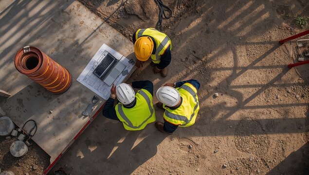 Three construction workers in hard hats and safety vests discussing blueprints at a job site, seen from above