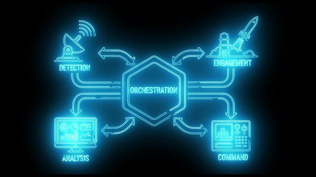 Neon-lit diagram of a monitoring system with detector, analyzer, command, and transmitter components against a dark background.