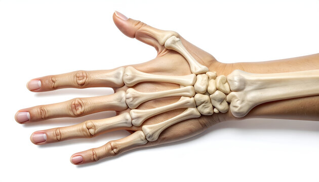 Human hand skeletal system anatomy.