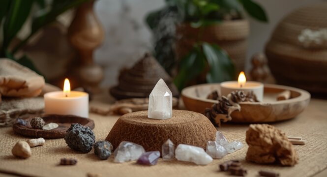 Spiritual cleansing ceremony with Palo Santo and crystals within a tranquil home sanctuary