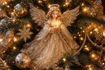 Fototapeta premium Festive tree adorned with a decorative angel toy shimmering