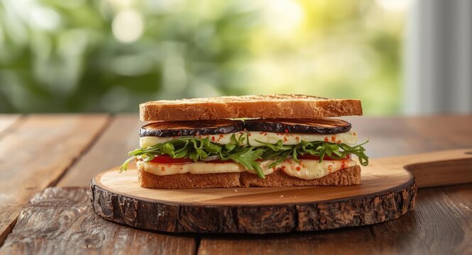 Wholesome eggplant and cheese club sandwich for vegetarian meals