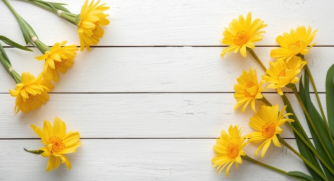 Soft yellow flamboyant flower arrangement over white wooden background with copy space suited for Easter specials and spring celebrations
