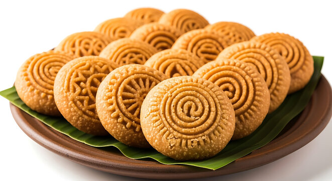 Decorative Traditional Indian Pitha or Sandesh Sweets on Banana Leaf - Authentic Handcrafted Milk Based Dessert with Floral Patterns, Festive Regional Sweets, Healthy Steamed or Baked Treat, Asian