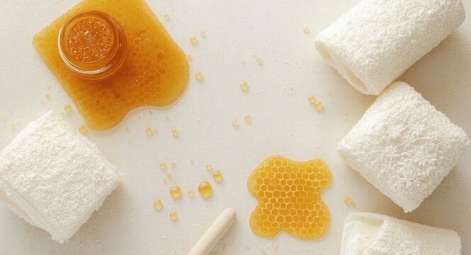 Honey and honeycomb in close proximity to towels within a calming spa decor
