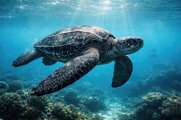 Fototapeta premium Amazing leatherback sea turtle swimming through clear ocean waters